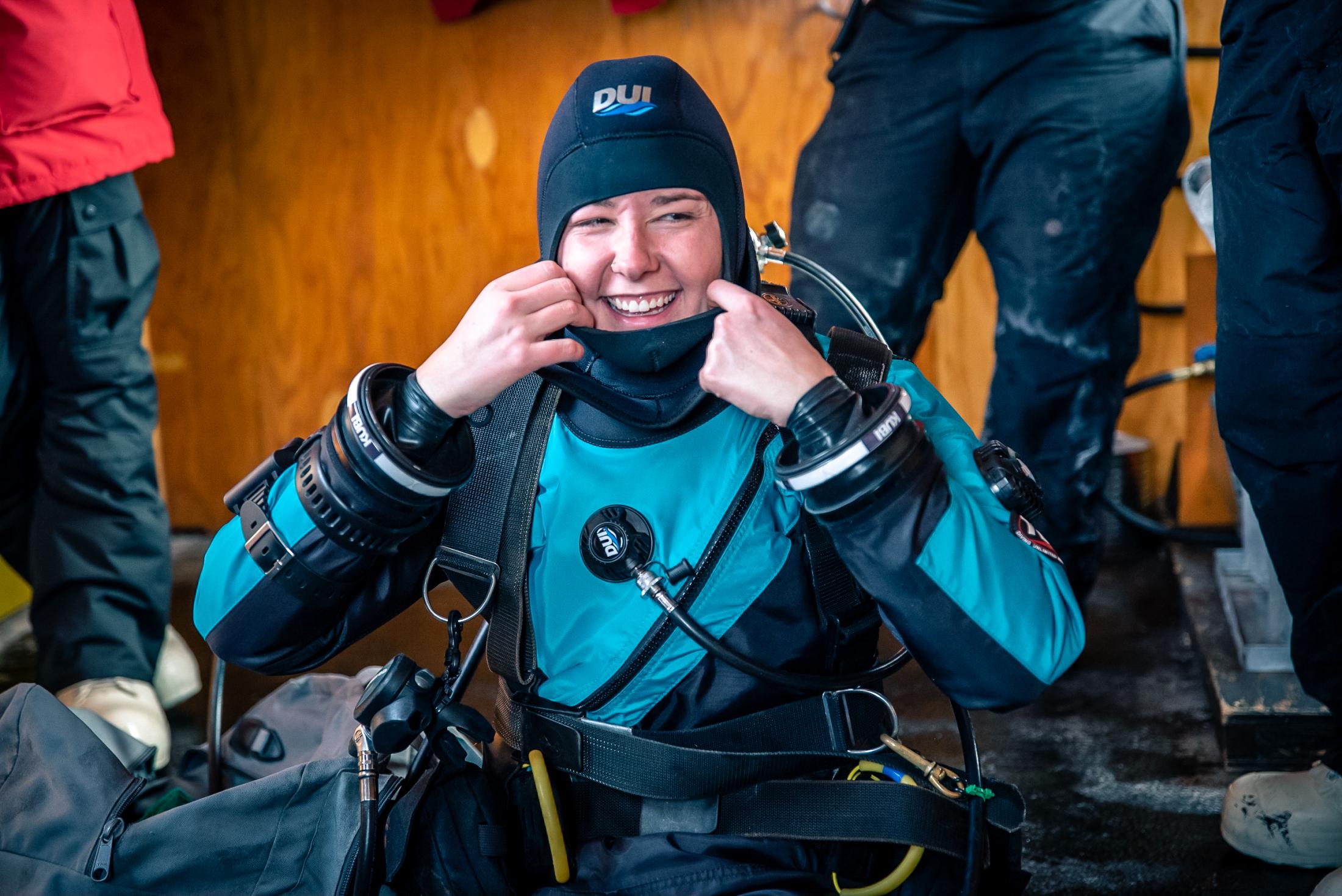 Amanda Frazier prepares to enter the icy Antarctica water. (Kira Morris)